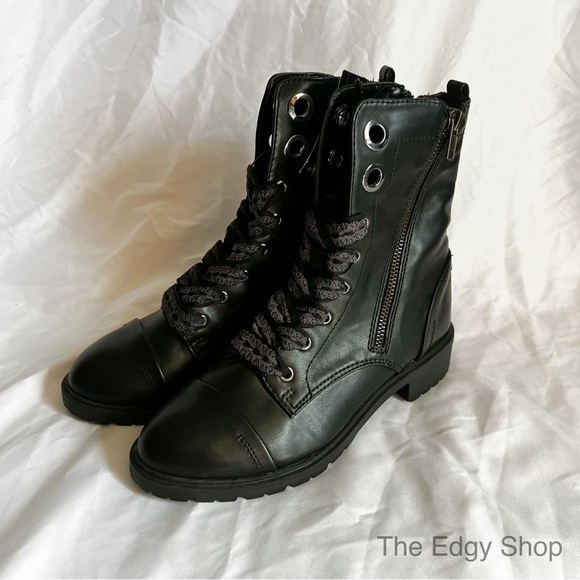 Express Shoes Express Faux Leather Lace Up Side Zip Combat Boots